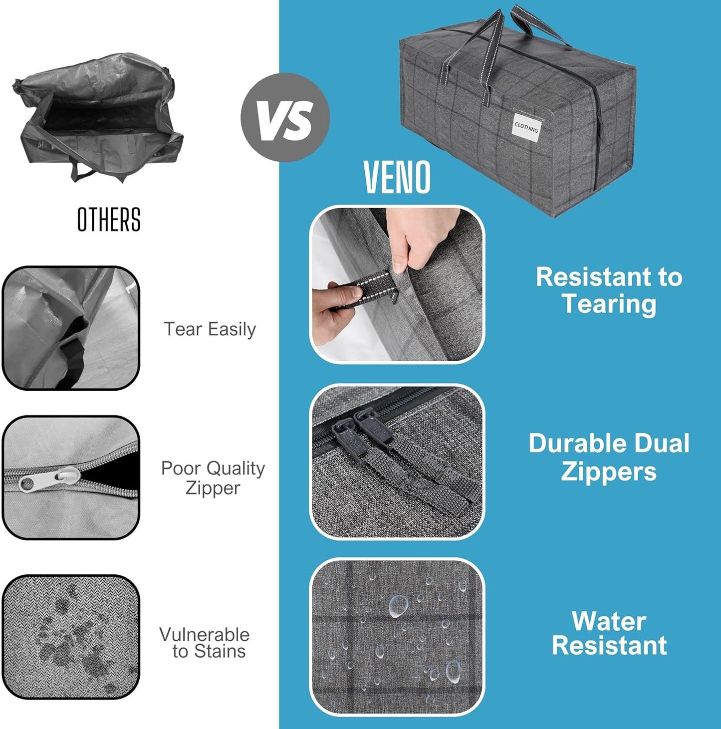 VENO 10 Pack Moving Bags w/Backpack Straps, Heavy Duty, Moving Boxes Alternative, Packing Supplies, Large Storage Totes for Dorm Room Essentials with Zipper for Clothes (Windowpane, 10 Pack)
