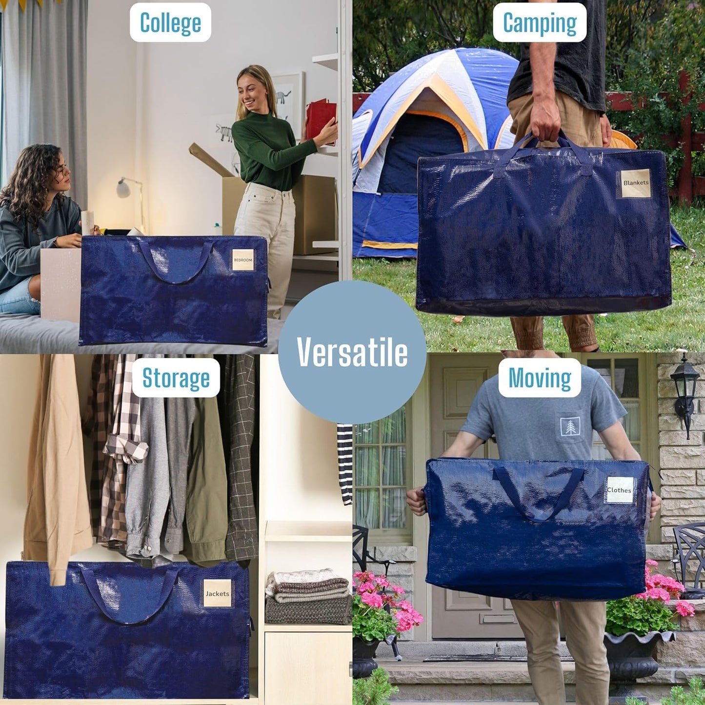VENO 8 Pack Moving Bags and Large Christmas Decoration Storage Bins with lids. Alternative to Moving Boxes, Packing Supplies for College. Heavy Duty Totes (Blue, 8 Pack)
