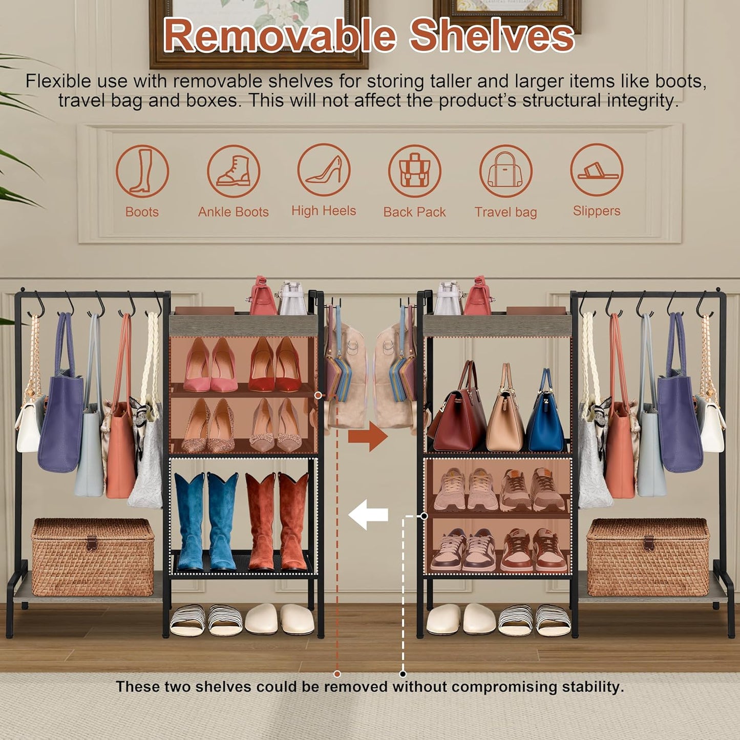 2-in-1 Shoe and Bag Organizer, 5 Tier Shoe Rack with Wooden Tray & 7 Hooks, Industrial Metal Shoe Shelf with Removable Shelves for Boot Storage, Perfect for Entryway, Closet, Garage, Black