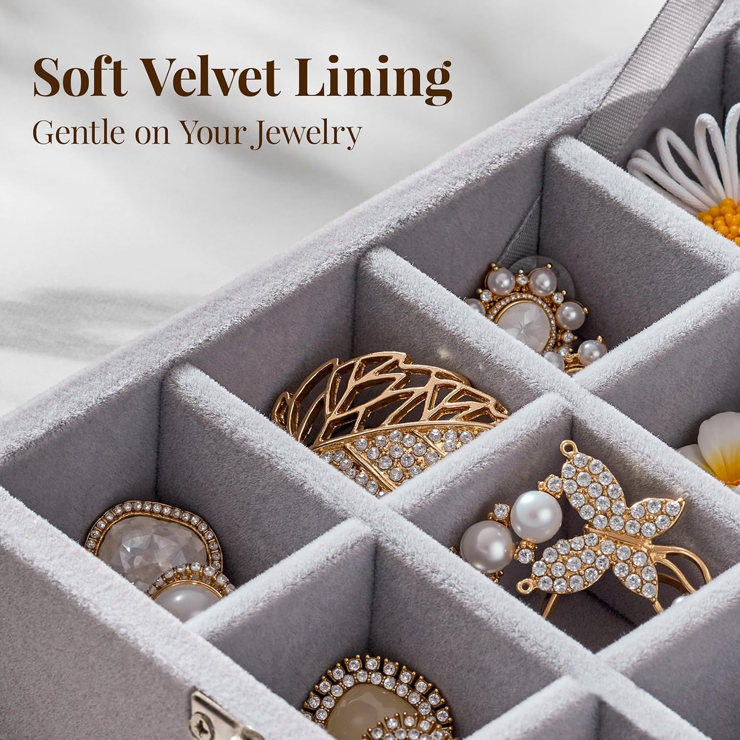 48 Grid Earring Organizer and Storage: Velvet Jewelry Tray with Lid, Jewelry Box for Studs, Earrings, Rings, Necklaces, Dresser & Vanity, Earrings Case Organizer for Girls, Women, Grey