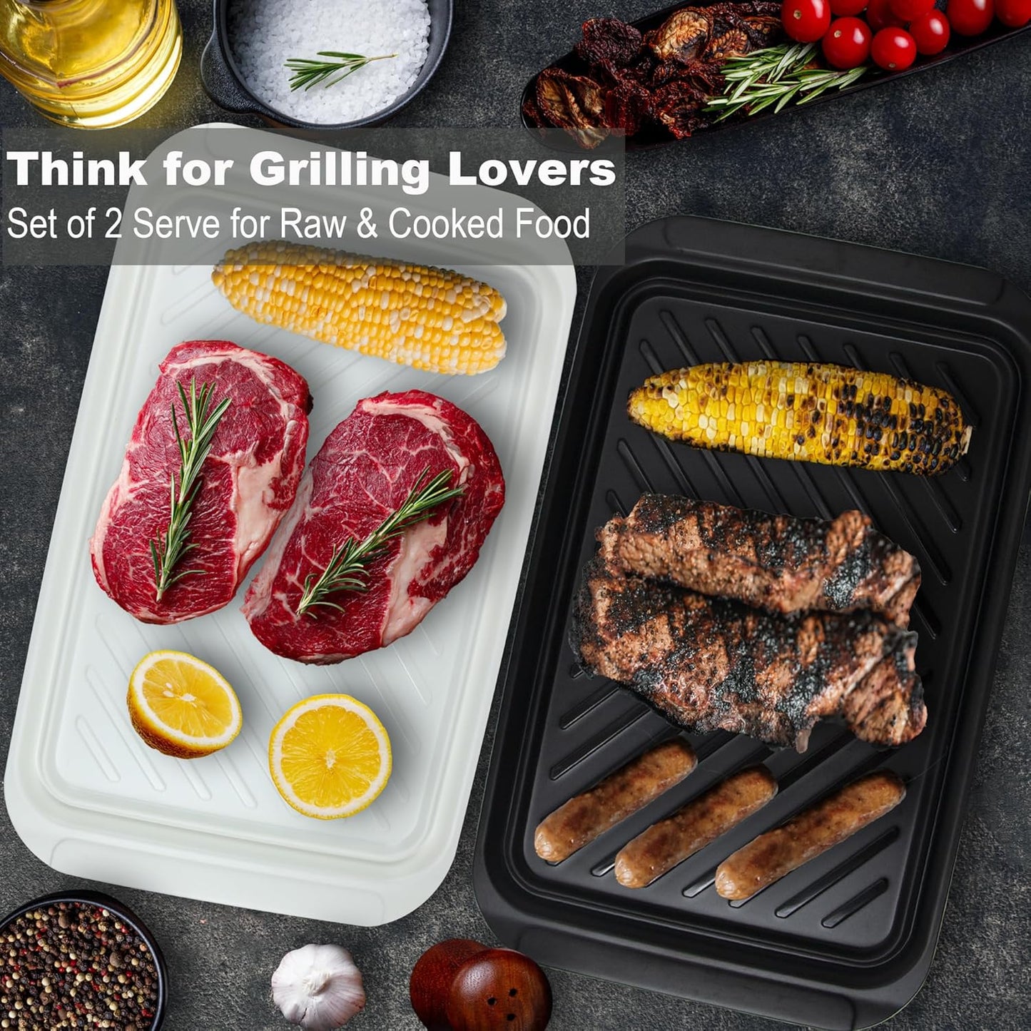 Grilling Prep and Serve Trays, BBQ Tray for Raw and Cooked Food, Melamine Serving Platter for Food, Set of 2, Black and White, Napkin and Cleaning Clothes Included