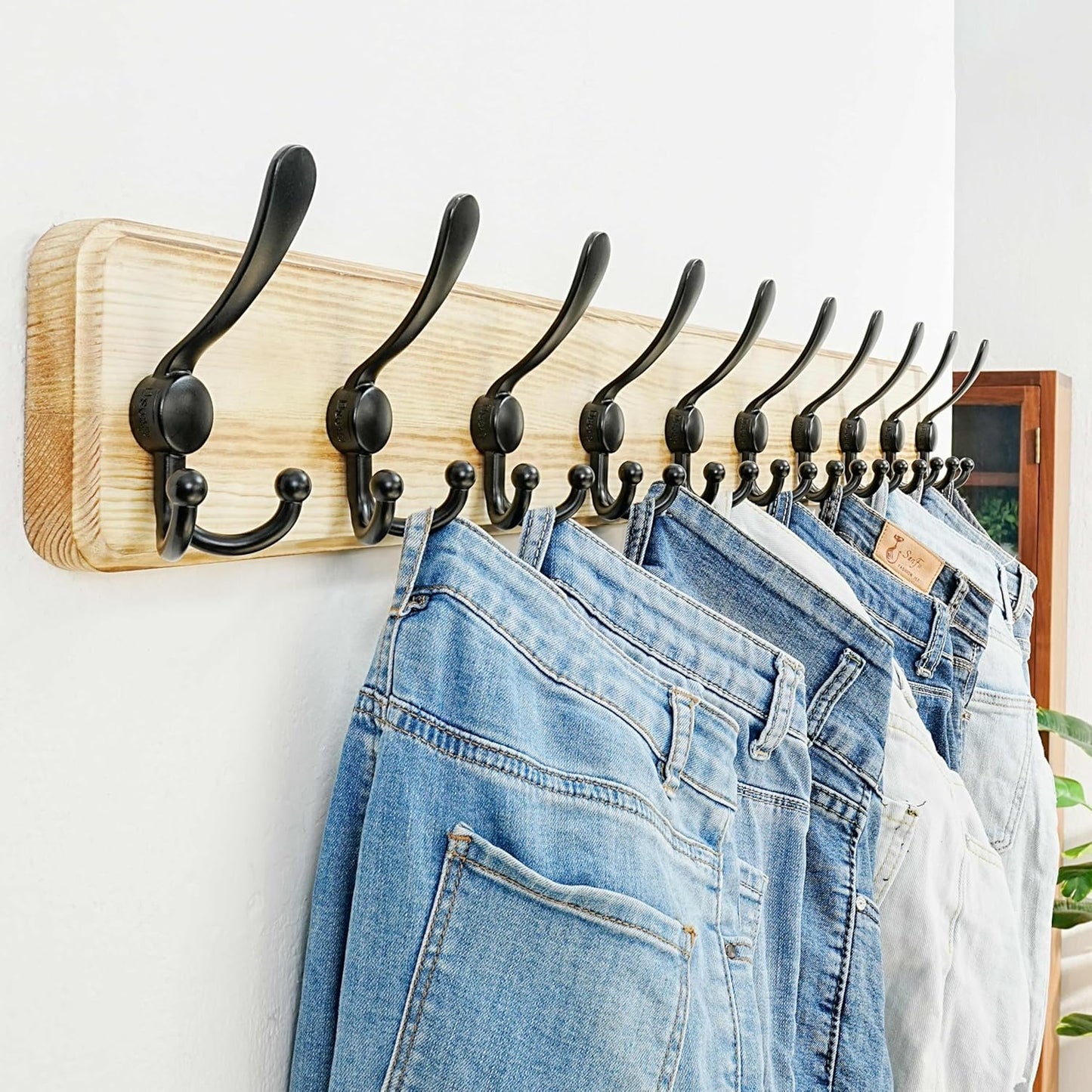 Dseap Coat Rack Wall - Heavy-Duty 38-1/4" Long, with Reinforced 10 Custom Tri-Hooks, Solid Wood Wall Hanger for Coats Hat Jackets - Rustic Farmhouse Entryway Storage, Light Brown & Black, Pack of 2