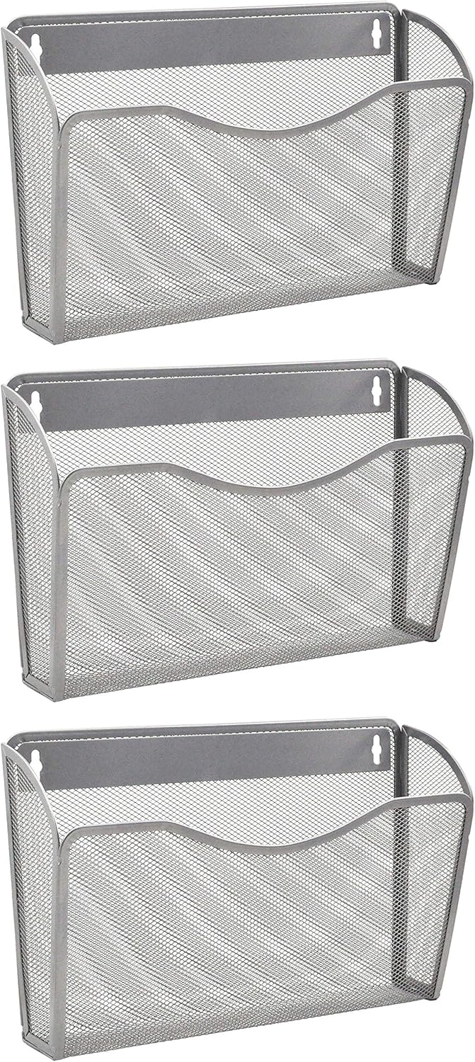 EASEPRES 3 Single Pocket Mesh Hanging File Organizer, Vertical Wall Mounted Magazine File Holder, Mount Basket Mail Paper Document Folder Organizing for Office, Home and School, Silver
