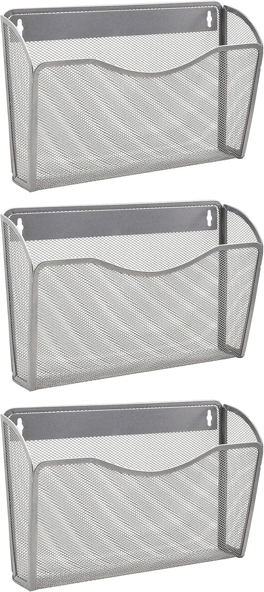 EASEPRES 3 Single Pocket Mesh Hanging File Organizer, Vertical Wall Mounted Magazine File Holder, Mount Basket Mail Paper Document Folder Organizing for Office, Home and School, Silver