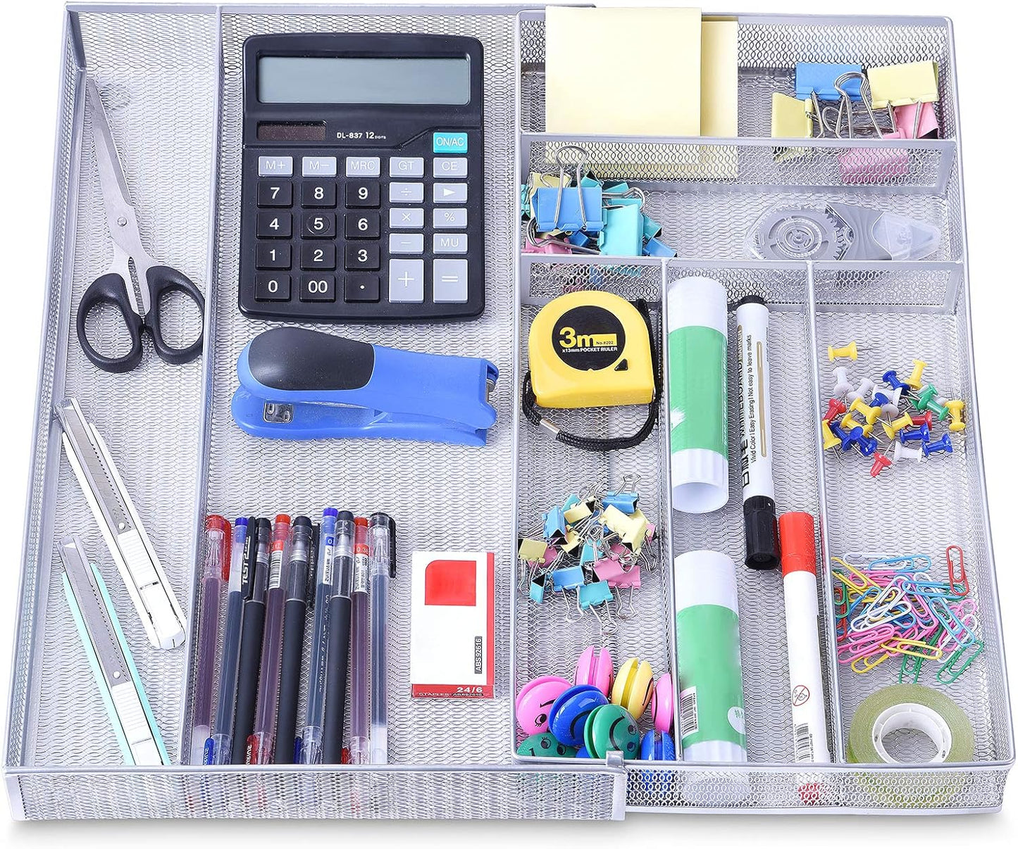 WuGeShop Expandable Office Drawer Organizer, 6 to 7 Compartments Adjustable Mesh Desk Drawer Organizer, Good Desk Organizer for Office Supplies and Art Supplies