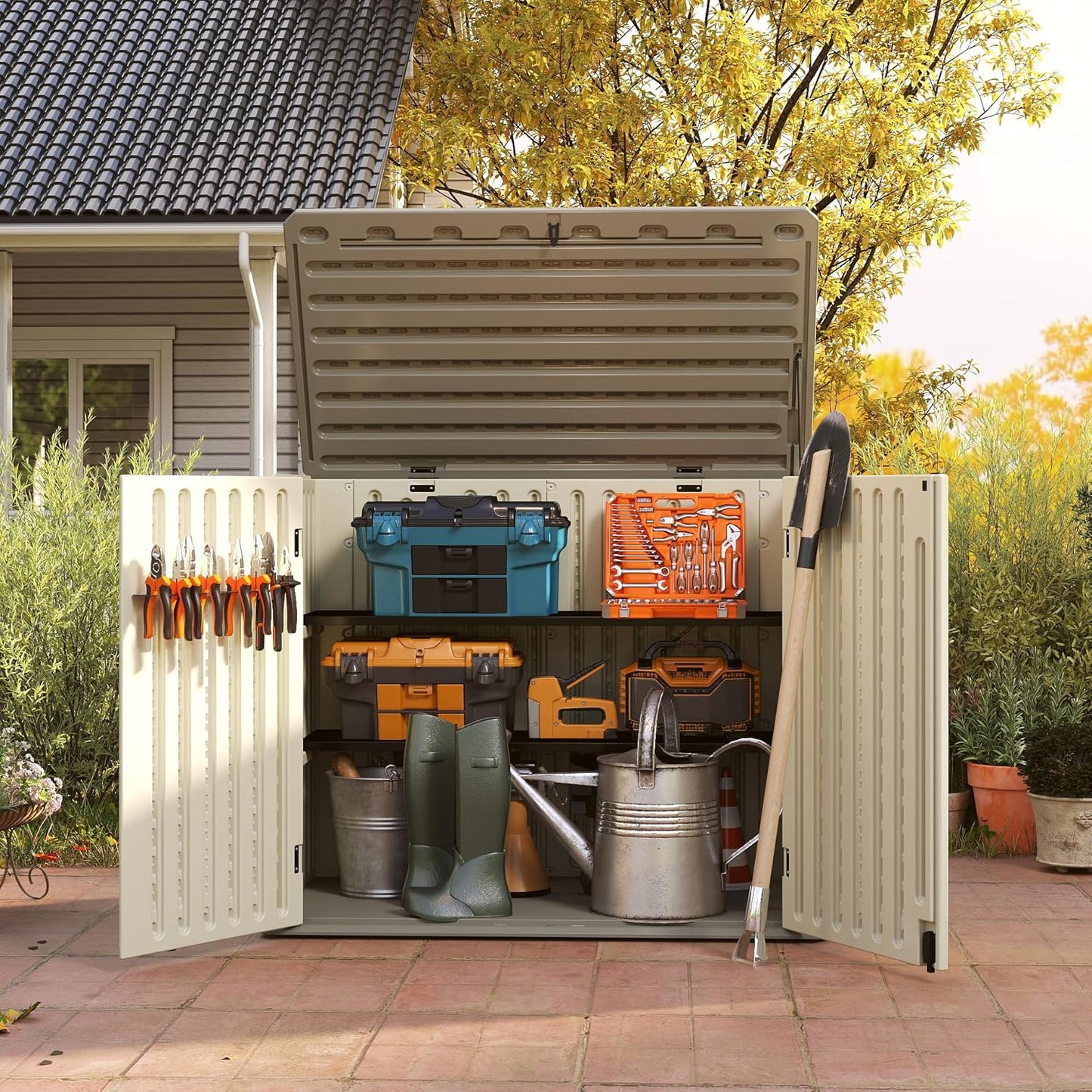 EHHLY Horizontal Resin Storage Shed, 47 Cuft Garden Tool Sheds & Outdoor Storage, Outdoor Plastic Storage Cabinet Waterproof, 4.5 x 2.8 ft Backyard Outside Lawn Mower Storage Shed, Vanilla