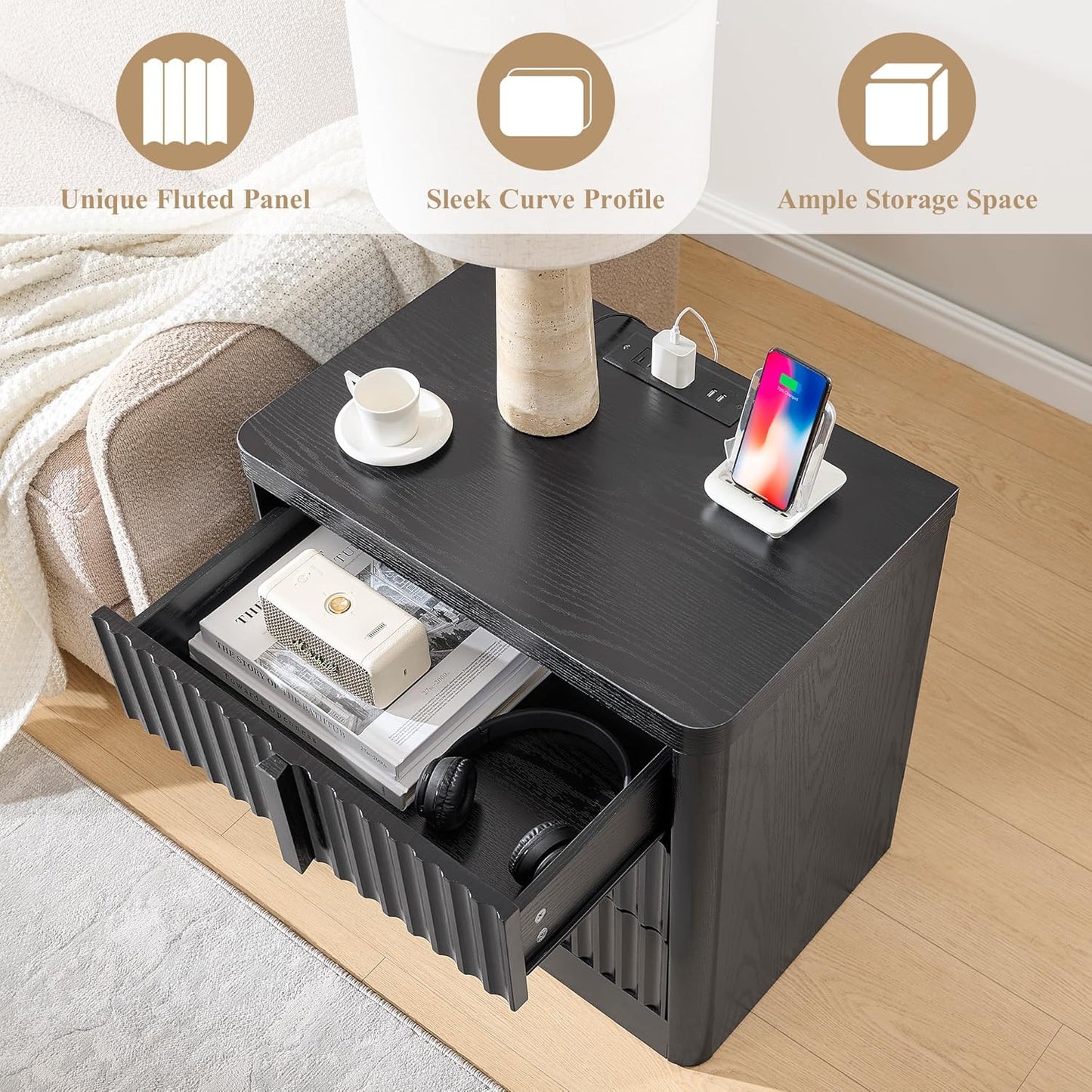 23.6" Nightstand Set of 2 with Charging Station, Side Table with 3 Storage Drawers, Mid Century Modern Night Stand with Solid Wood Handle, Bedside End Table for Bedroom, Living Room, Black