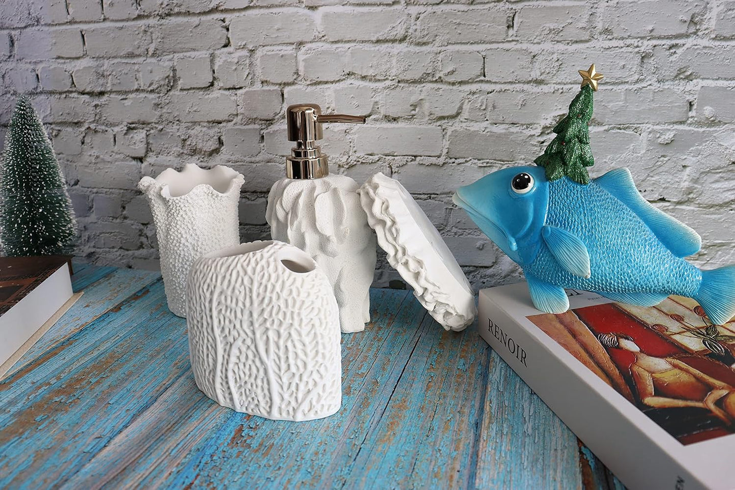 Hymmah Bathroom Accessories Set,Coral Seashell Design Toothbrush Holder,Farmhouse Bathroom Decor,4 Pcs Resin Gift Set Apartment Necessities, Contain Toothbrush Cup,Soap Dispenser,Soap Dish,Tumbler