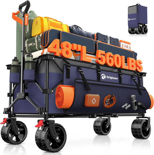 48" L Collapsible Beach Wagon Cart Foldable, 560LB Weight Capacity 300L Heavy Duty Folding Wagons with Big All-Terrain Wheels, Utility Carts for Groceries, Shopping, Camping, Sports - Grey&Purple