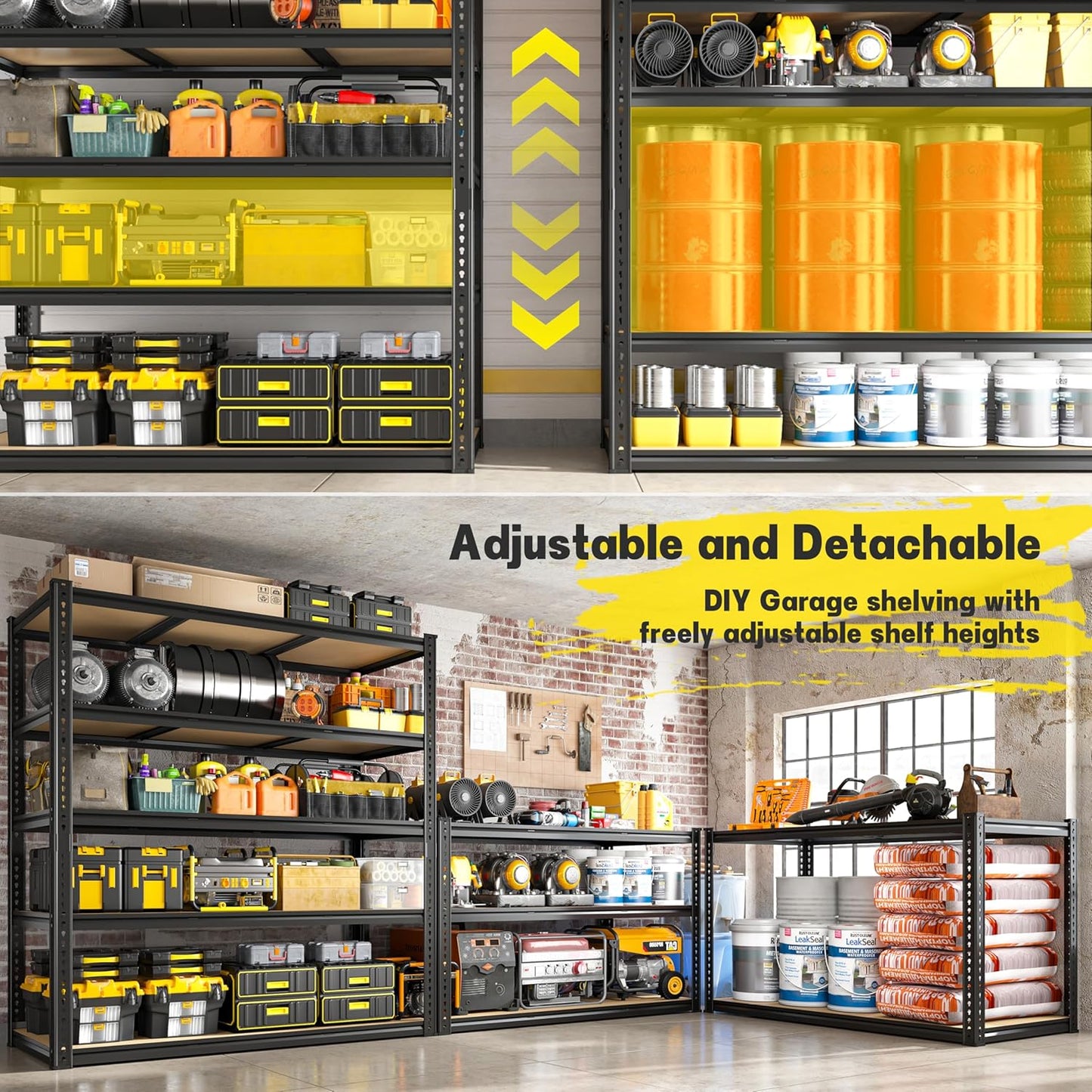 48" W Garage Shelving Heavy Duty 3200LBS Garage Storage Shelving, 5 Tier Adjustable Metal Shelving Unit Utility Rack Shelf for Warehouse, Pantry, Closet, Kitchen 72" H x 48" W x 24" D, Black,2PCS