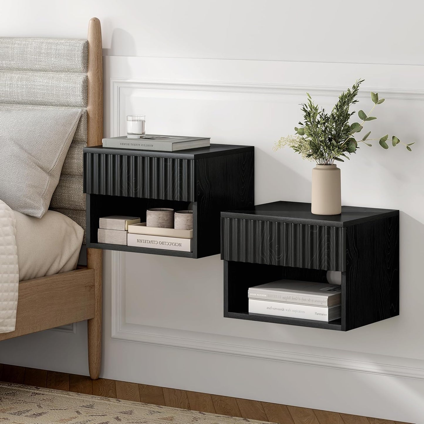 Floating Nightstands Set of 2 with Drawer and Open Shelf, Small Wall Mounted Bedside End Table, Modern Fluted Night Stand for Bedroom, Living Room, Black