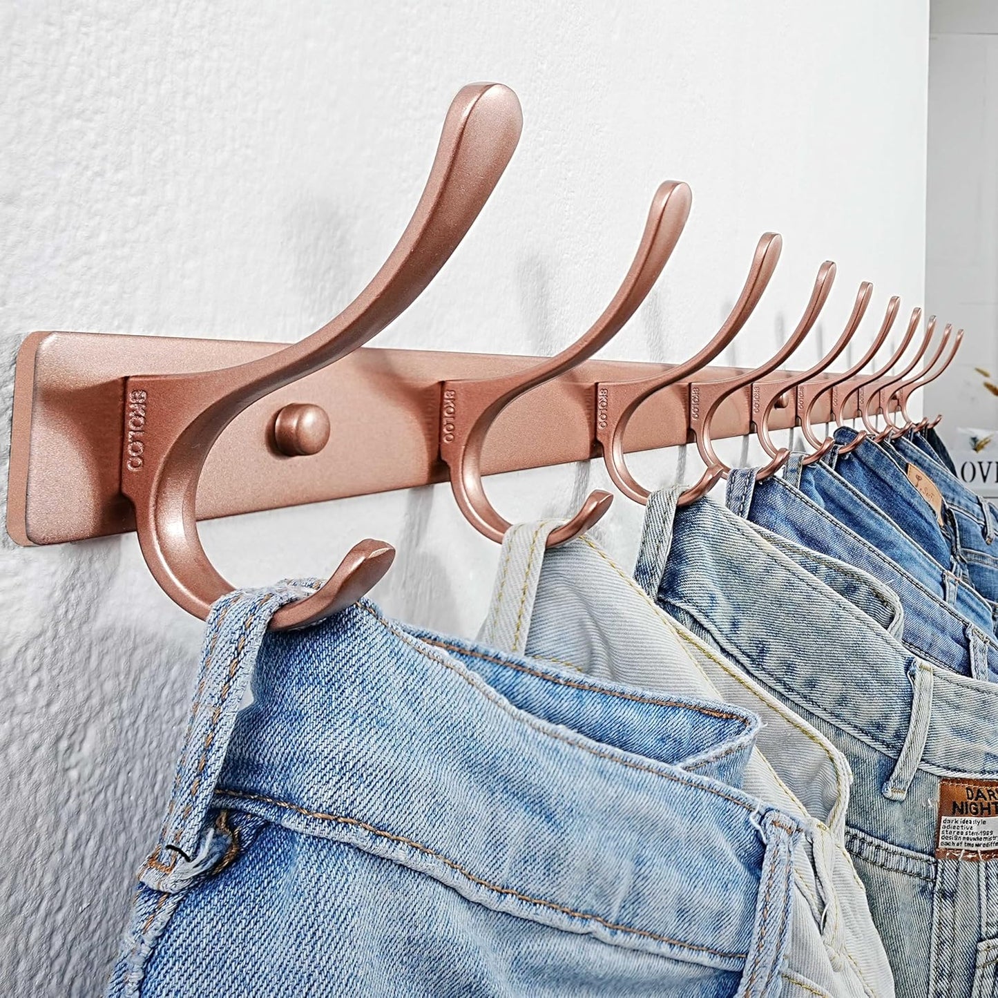 SKOLOO Wall Mounted Coat Rack - 10 Hooks, Pack of 2, Heavy Duty, Stainless Steel, Metal Wall Hanger, Sturdy Coat Hooks for Hanging Coats, Jackets, Clothes, Hats - Matte Rose Gold