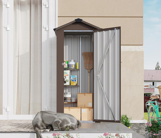 2.5x1.4 FT Mini Outdoor Storage Shed, Plastic Shed with Floor, Lockable Door, Adjustable Shelves & Sloping Roof, All-Weather Resin Shed for Garden, Backyard, Patio, Lawn (Brown)