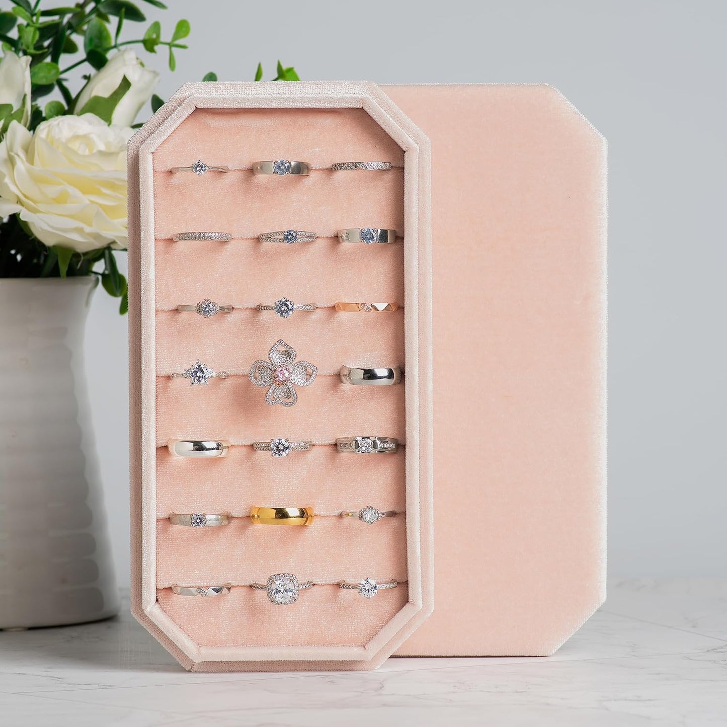 Velvet Ring Organizer Display Tray Jewelry Box Earring Holder Case for Wedding Birthday Christmas Day (Light Pink)