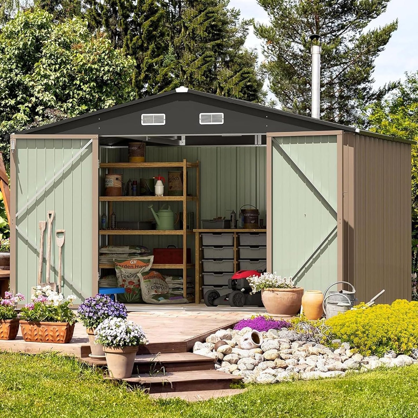 Furniwell 10x8 FT Outdoor Storage Shed, Metal Garden Sheds Outdoor Storage House with Single Lockable Door for Backyard Patio Lawn, Brown