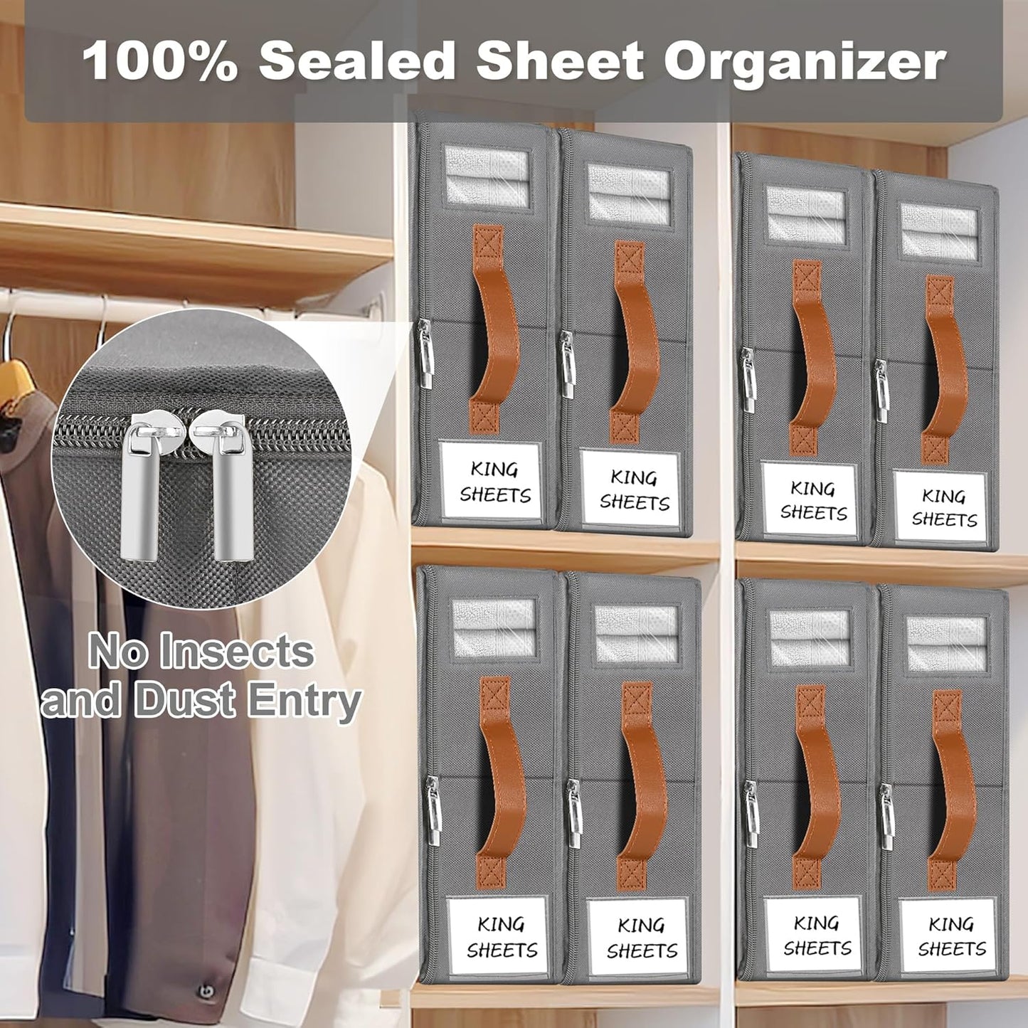 8pack Bed Sheet Organizer, Foldable Linen Closet Organizers and Storage with Sealed Design, Queen & King Size Sheet Storage with Window, Closet Organizer for Bedsheets/Blankets/Clothes, Grey