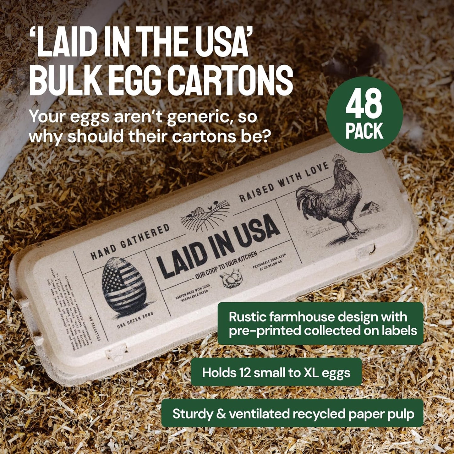 Hatortempt Reusable Paper Pulp Egg Cartons - 48-Pack, 12-Count - Pre-Printed Cartons for Date Labeling - Versatile Egg Baskets for Market & Home - Biodegradable Bulk Packs for Easy Transport