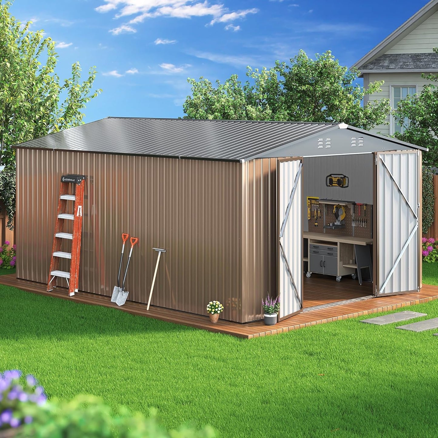 10x14 FT Outdoor Storage Shed, Large Garden Shed with Updated Frame Structure and Lockable Doors, Metal Tool Sheds for Backyard Garden Patio Lawn, Brown
