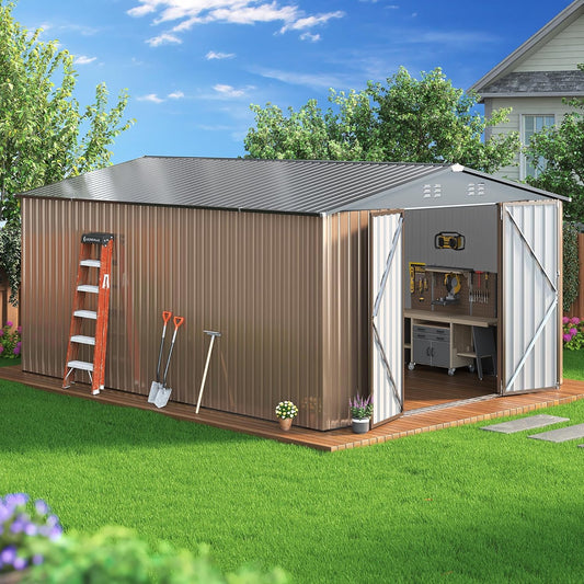 10x14 FT Outdoor Storage Shed, Large Garden Shed with Updated Frame Structure and Lockable Doors, Metal Tool Sheds for Backyard Garden Patio Lawn, Brown