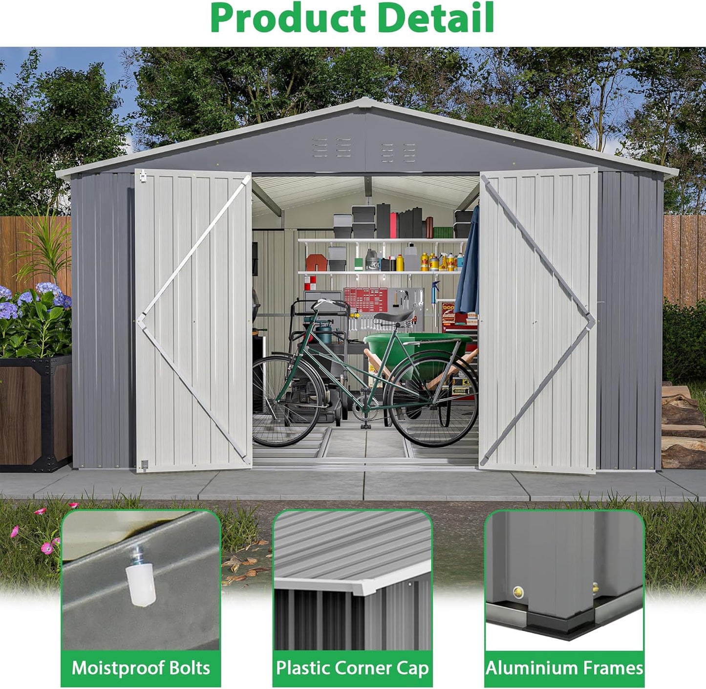 Metal Storage Shed 11x13 FT Outdoor, Metal Steel Utility Tool Shed Storage House with Double Lockable Doors & Air Vent for Backyard Garden Patio Lawn Gray