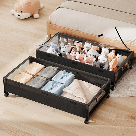 KITHELP Underbed Storage Containers with Wheels, Large Under Bed Drawers on Wheels with Removable Lids, Rolling Shoe Organizer Under Bed Storage Dresser Metal Drawers for Clothes Toys Blankets (2PACK)
