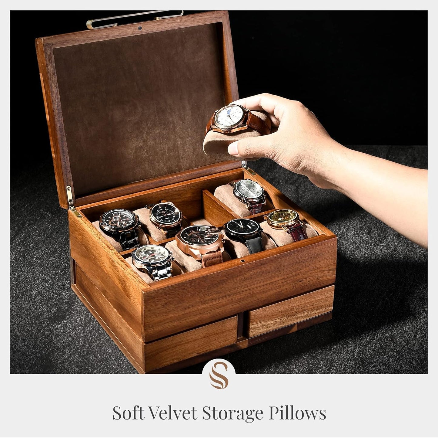 Shanik Luxury Large Watch Box Organizer for Men with 8 Divided Slots, Soft Velvet Pillows, and Pull-Out Drawers for Wallet, Cufflinks, and Accessories