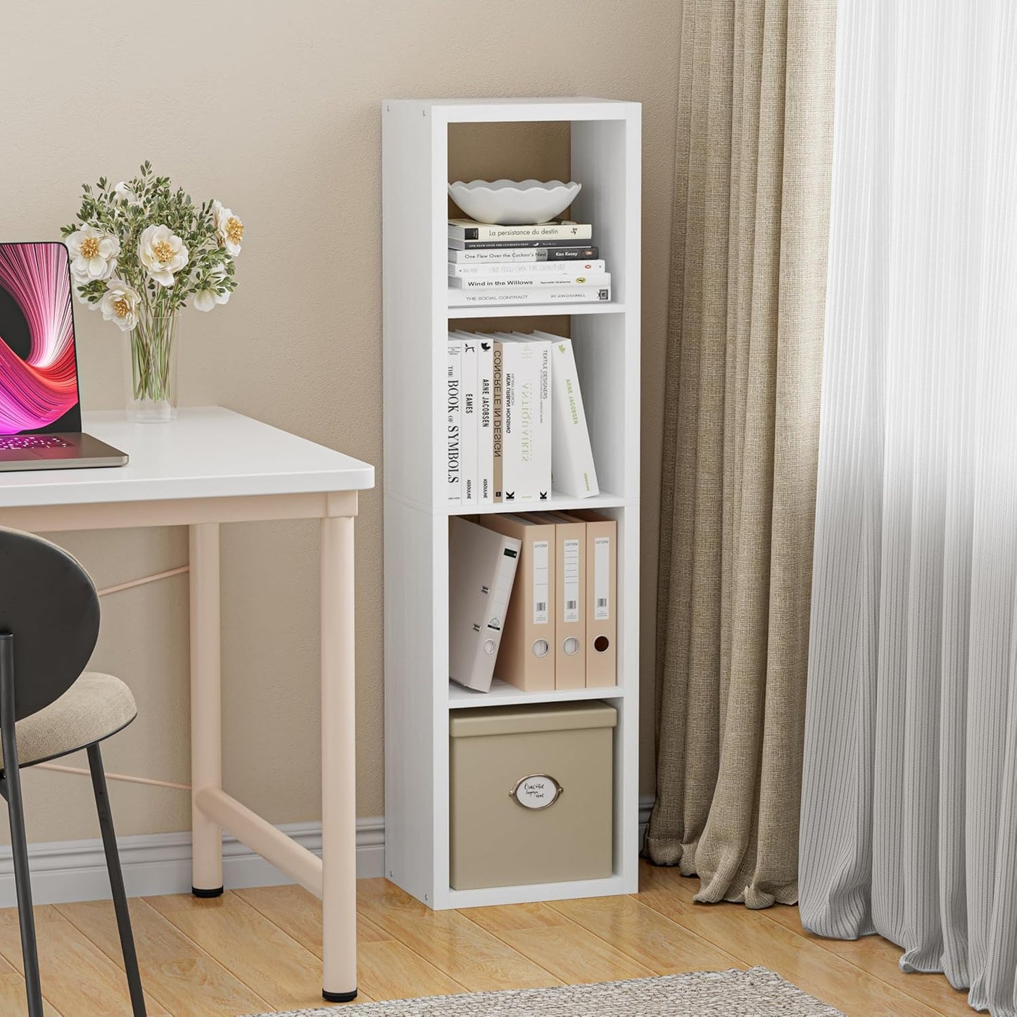 Cube Storage Organizer Bookcase, Small 4 Tier 11 inch Open Back Cubical Shelf with Thickened Border, Display Bookshelf for Living Room, Home Office, Sturdy Room (White, 4 Cube,Vertical)