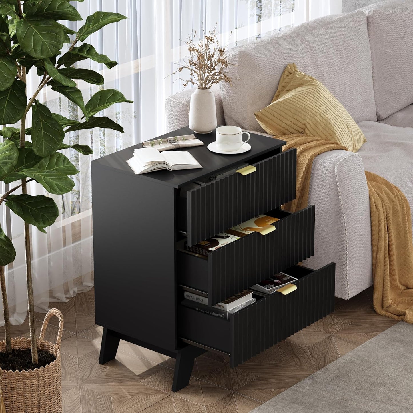 Black Night Stand with 3 Drawers, Bedside Table & End Table, 24" Wide Mid Century Modern Fluted Wood Nightstand with Metal Handles, Farmhouse Night Stands for Bedroom