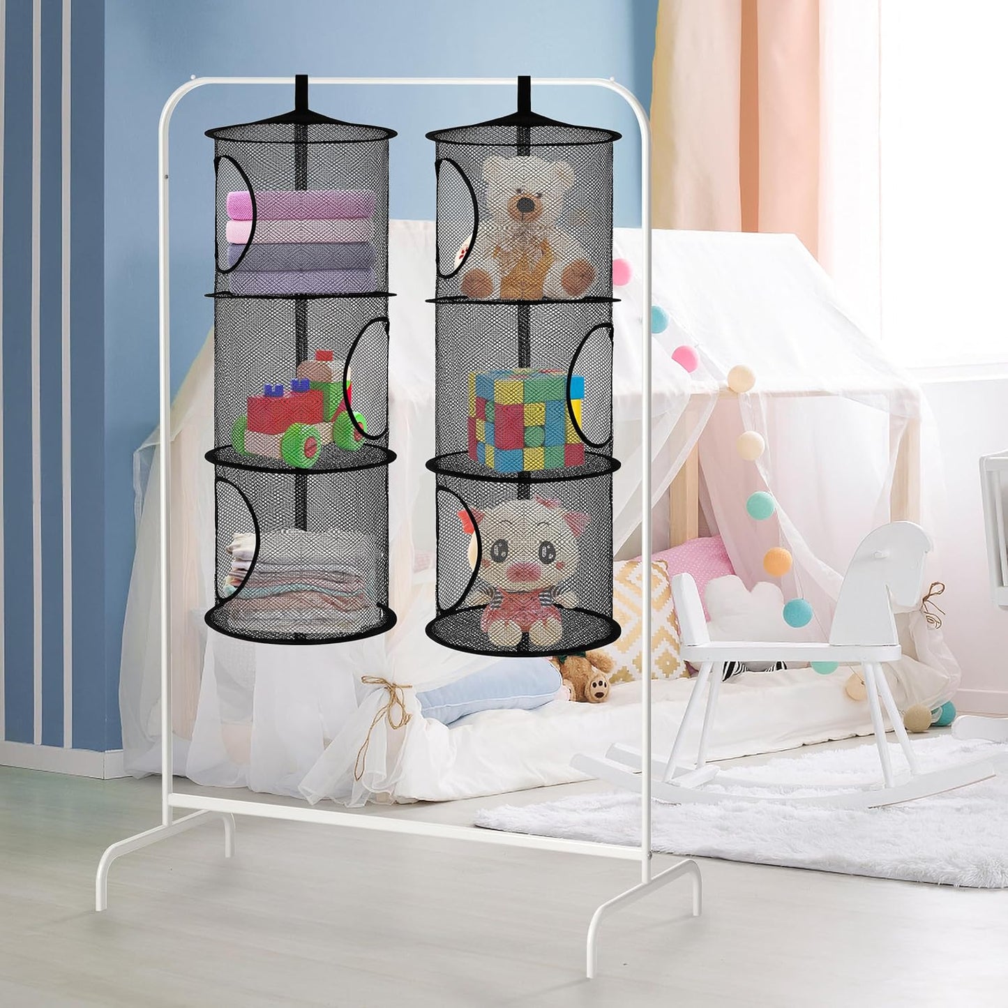 Libeder Mesh Hanging Storage Space Saver Bags Organizer,Foldable Storage Organizer 3 Compartments Toy Storage Basket for Kids Room Bathroom 2 Sets, Black