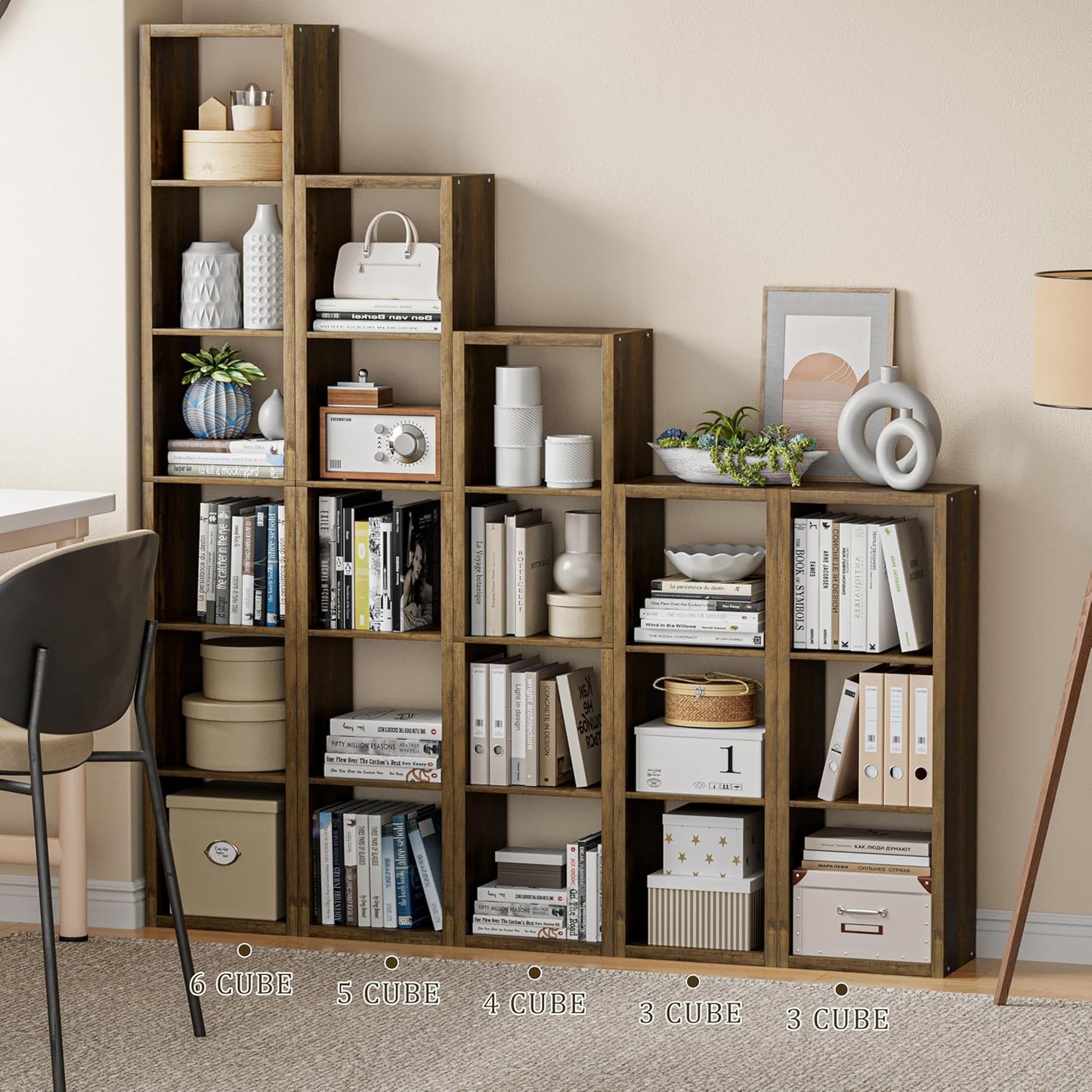 Tall Cube Storage Organizer Bookcase, 6 Tier 11 inch Open Back Cubical Shelf with Thickened Border, Display Bookshelf for Living Room, Home Office, Sturdy Room (Brown, 6 Cube,Vertical)