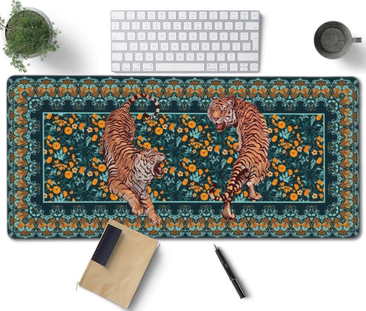 Vintage Floral Tiger Large Mouse Pad, Vintage Aesthetic Gaming Desk Mat, XXL Keyboard Desk Pad Mat for Desktop, 35.4"x15.7" Non-Slip Base Big Mousepad with Stitched Edges