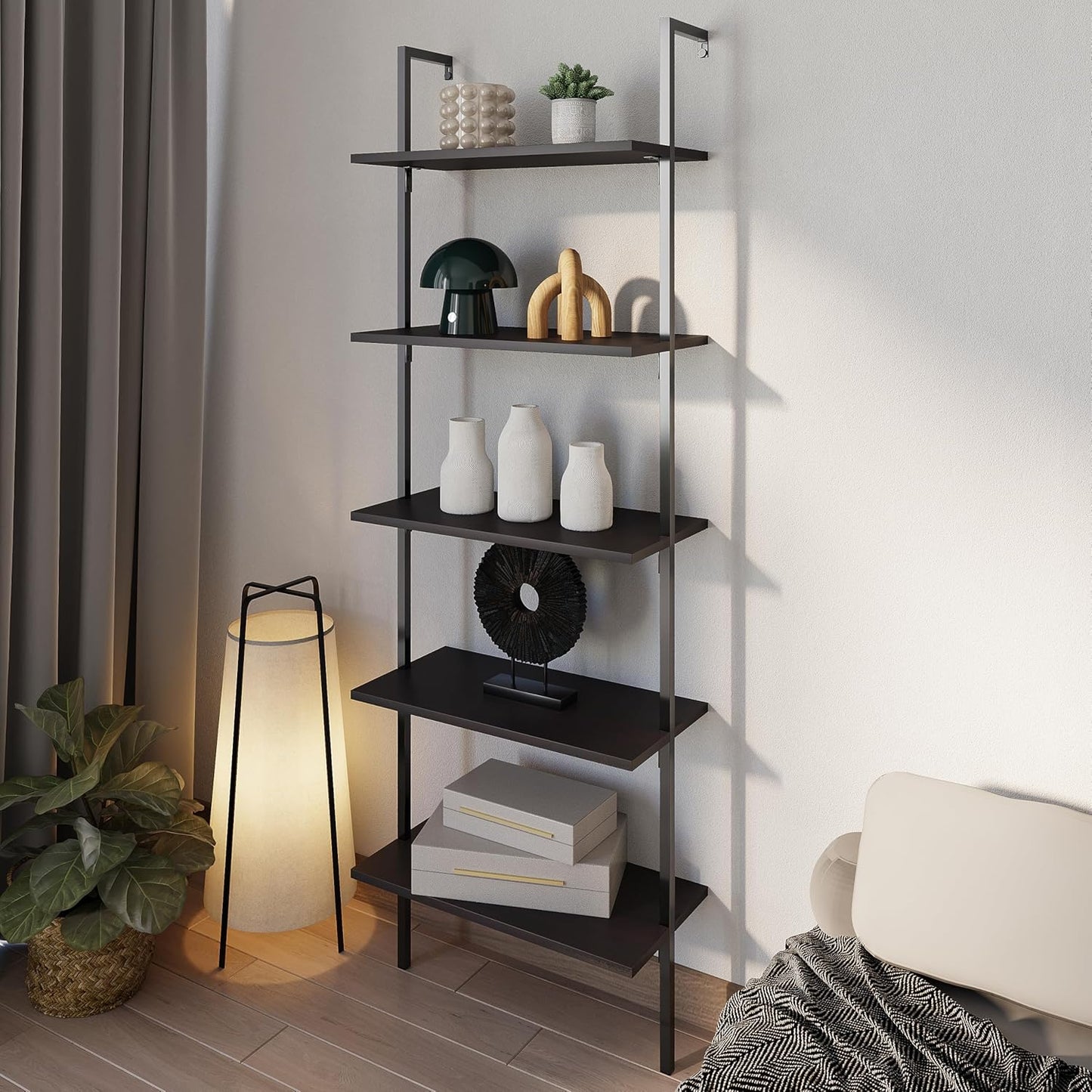 happimess MSH1001A Madera 72.05" Classic Industrial 5-Shelf Wood Wall-Mounted Open Ladder Bookcase with Metal Frame, Black