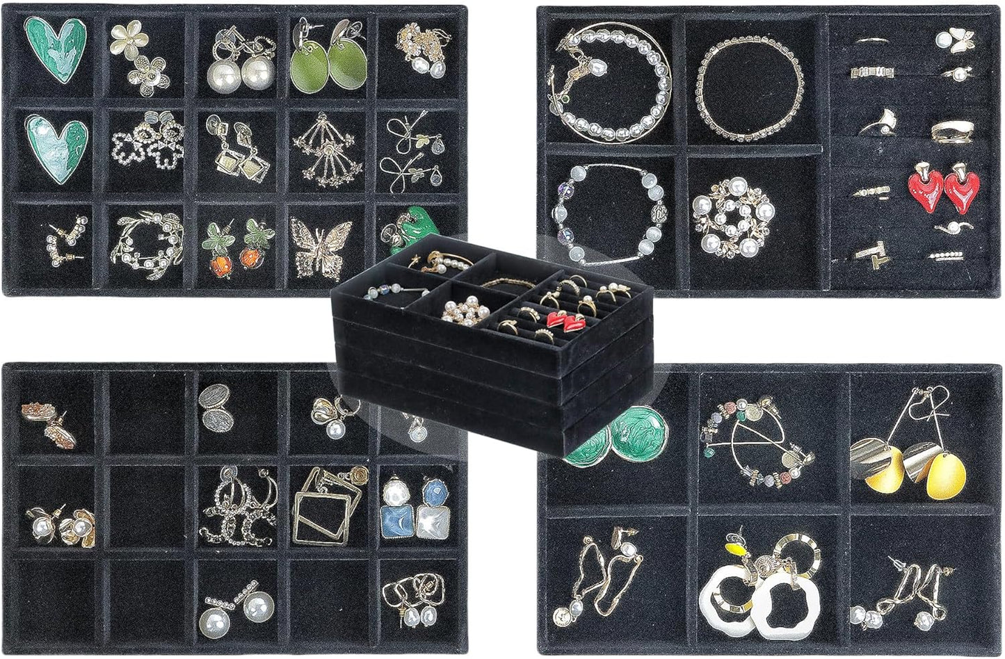 Set of 4 Stackable Jewelry Trays Organizer, Velvet Earring Organizer, Jewelry Organizer Showcase Display Drawer Organizer Storage, Earring Holder Necklace Bracelet Ring Accessary Organizers (Black)
