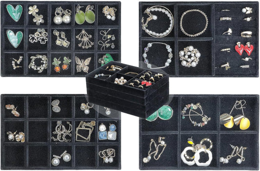 Set of 4 Stackable Jewelry Trays Organizer, Velvet Earring Organizer, Jewelry Organizer Showcase Display Drawer Organizer Storage, Earring Holder Necklace Bracelet Ring Accessary Organizers (Black)