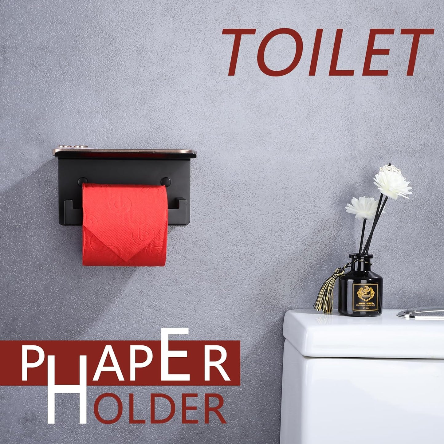 LANC Black Toilet Paper Holder with Shelf Toilet Tissue Roll Holder with Phone Shelf for Bathroom Wall Mounted and Self-Adhesive Toilet Paper Roll Holder Stainless Steel,Left Rod, A8367MB-LF