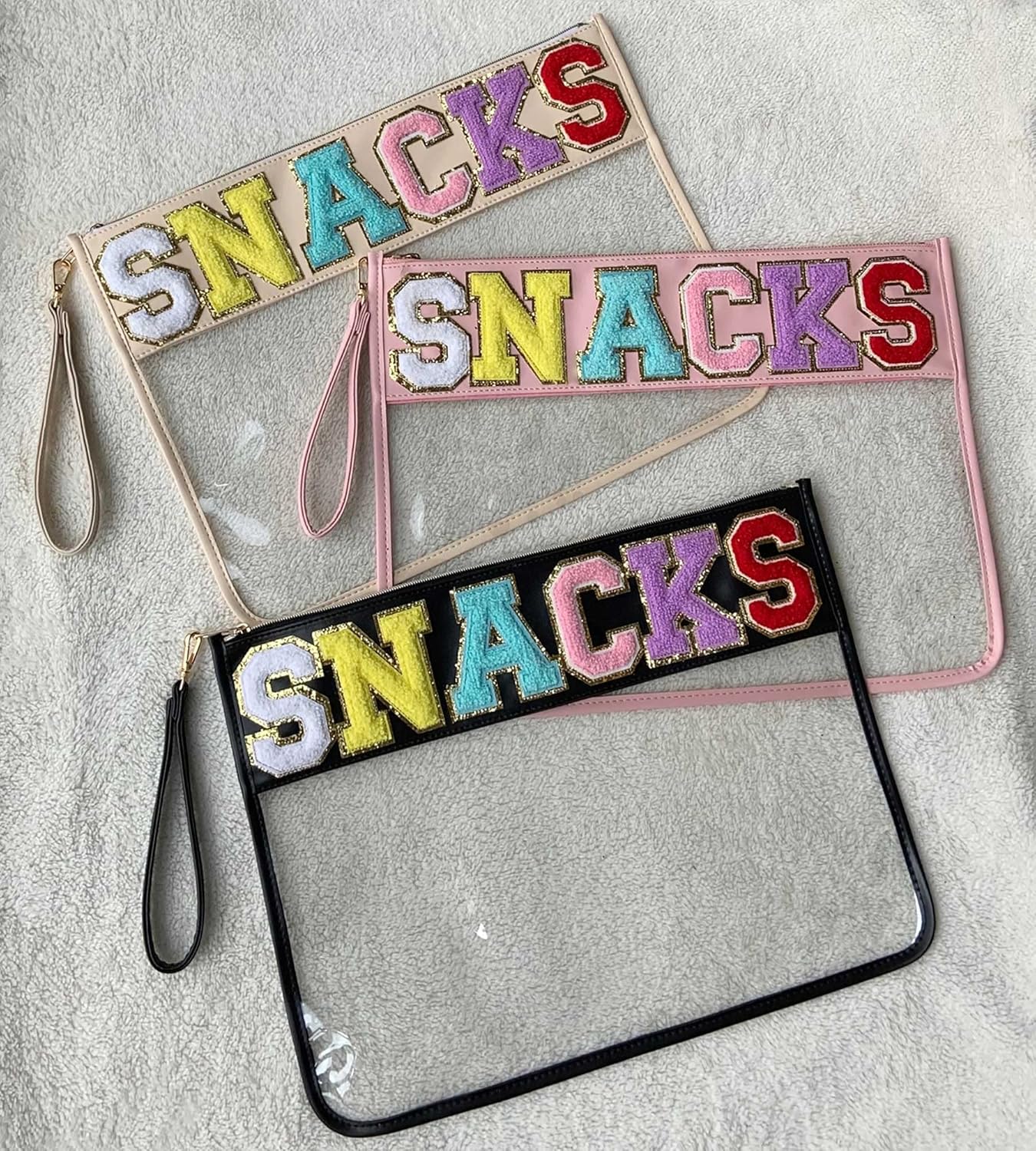 TopTTanBo Chenille Letter Clear Bag Purse Multi-purpose Transparent Waterproof Snacks Makeup Tote Bag with Wrist Strap