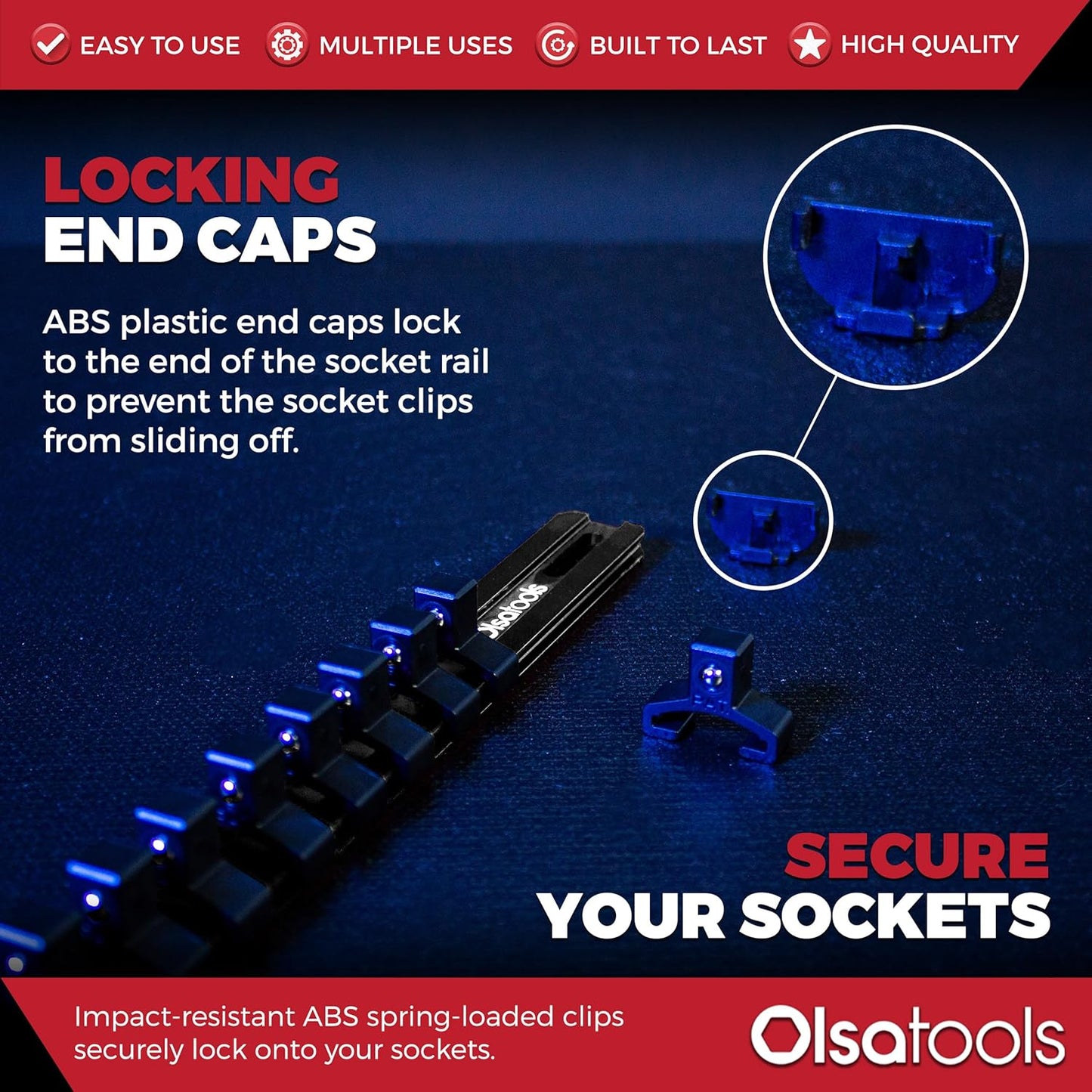 Olsa Tools Aluminum Socket Organizer with Locking End Caps - 3/8-Inch Drive - Black Socket Holder Rails for Chrome or Impact Sockets - Compact and Durable Socket Storage Solution - Part: 1179