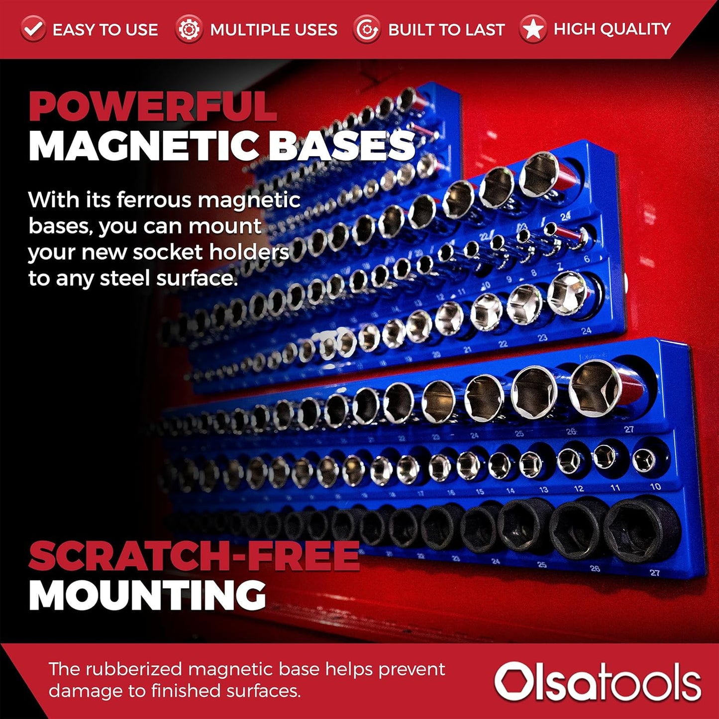 Olsa Tools 3-Row Magnetic Socket Organizer - Patented 3pc Socket Holder Kit - 1/2-Inch, 3/8-Inch, & 1/4-Inch Drive - Socket Organizers For Toolboxes - Blue - Holds 141 - Part 1562
