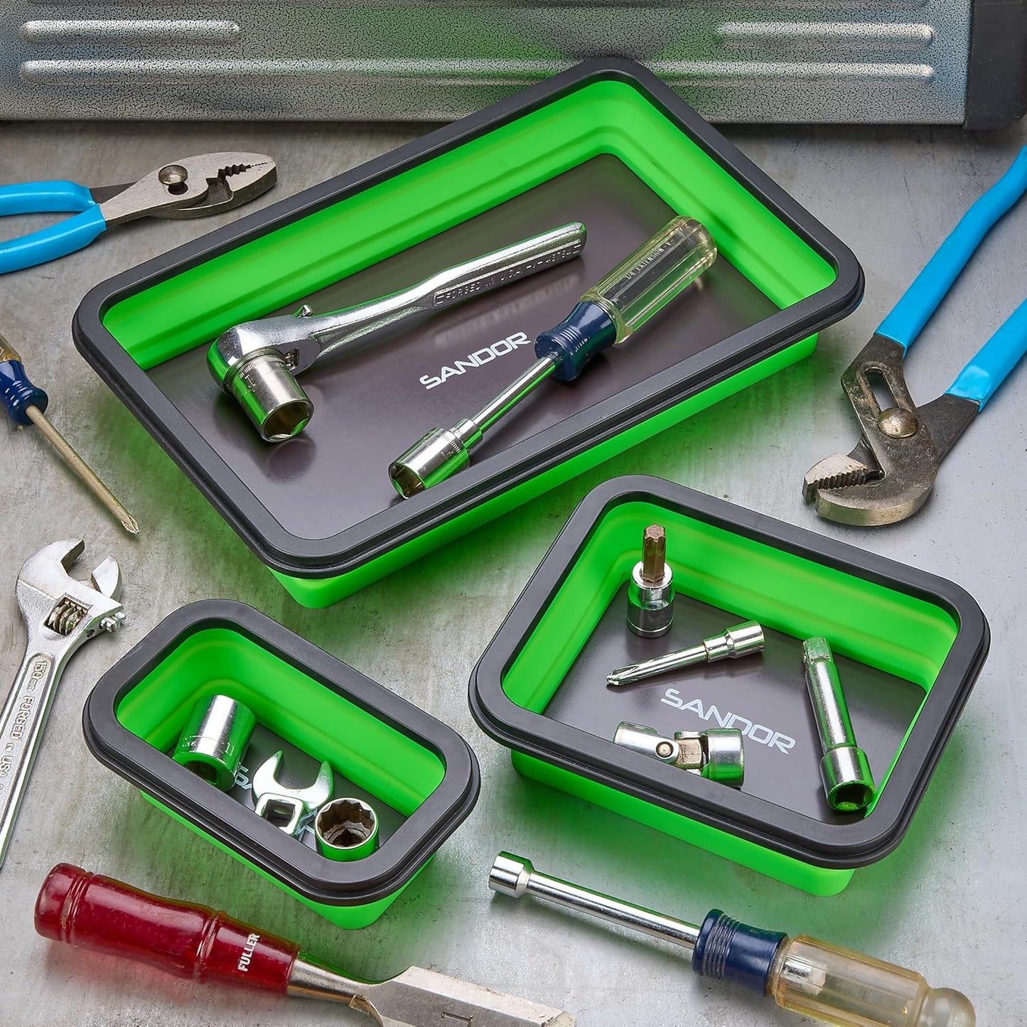 Collapsible Magnetic Parts Tray Set - 3 Different Size Tool Trays for Screw, Bolts, Nuts, Washers, Pins and Other Small Metal Parts, Mechanic Tool Gifts for Men - Green