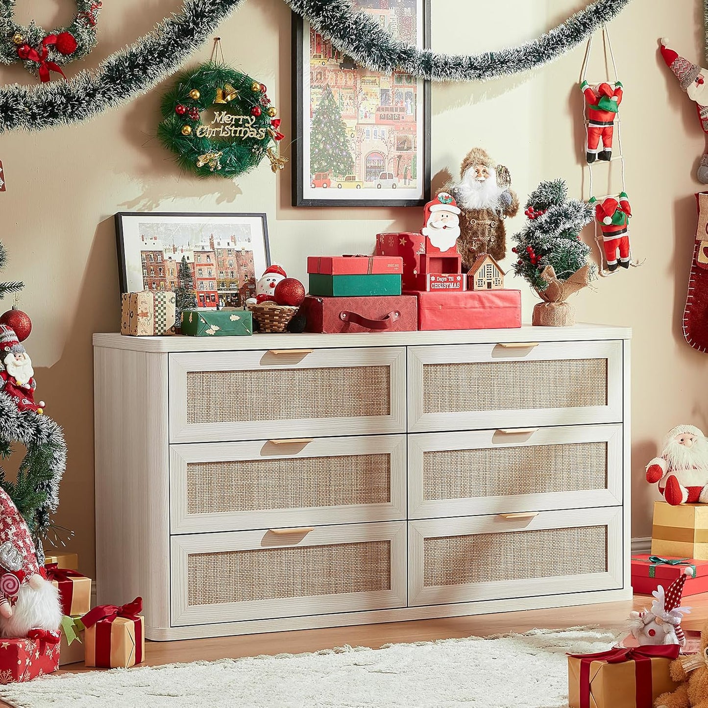 LEYAOYAO Rattan 6 Drawer Dresser for Bedroom, Boho 54" Wide White Dresser Chest of Drawers, Dressers TV Stand with Metal Handle, Storage Dressers Closet Organizer for Living Room, Hallway