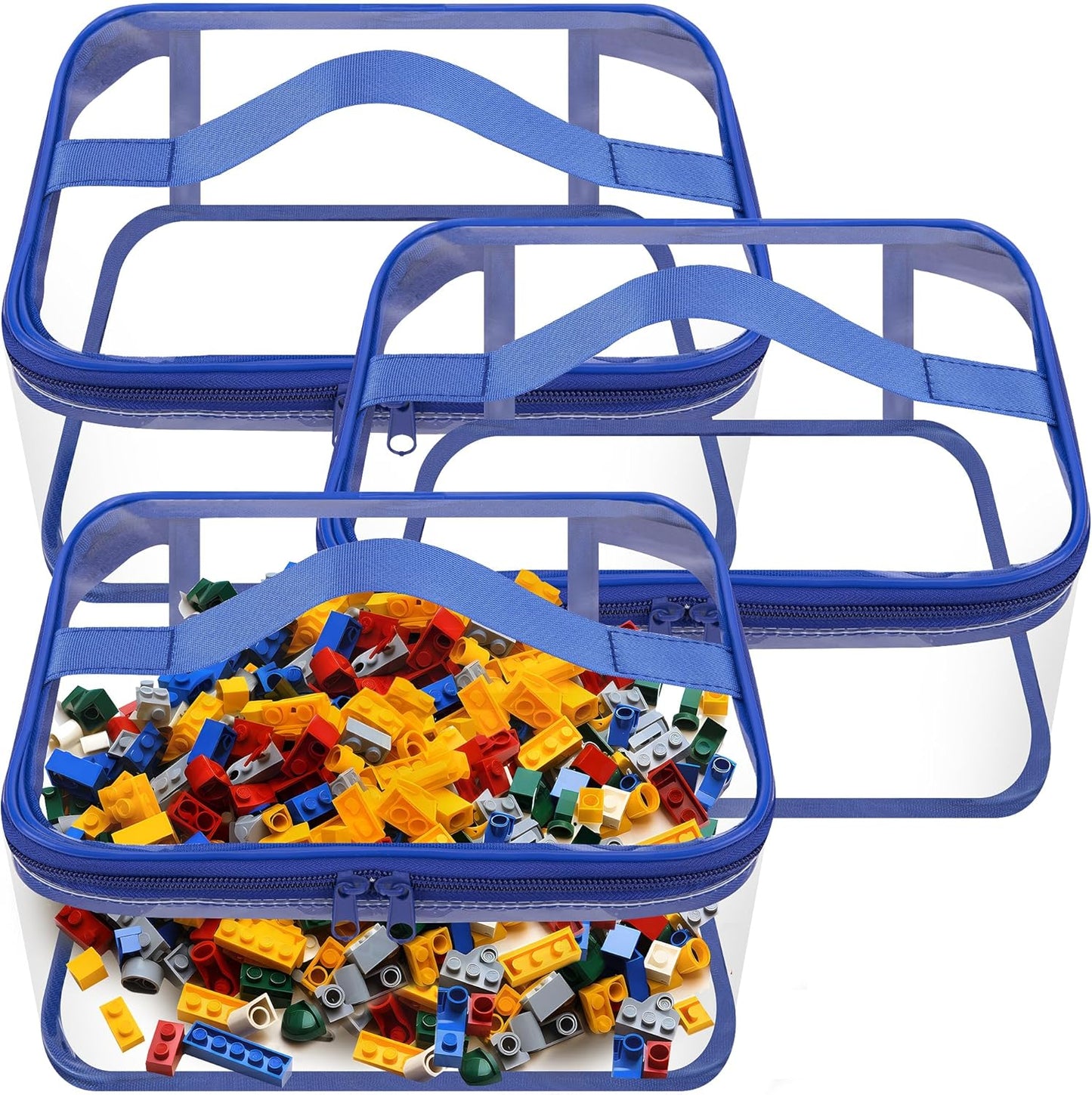3 Packs Clear Toy Storage Bags- 9.4 x 6.7 x 4.3 Inch Transparent PVC Toy Organizing Bags with Zipper- Waterproof Toy Storage Organizer Pouch for Building Blocks, Small Toys (Blue)
