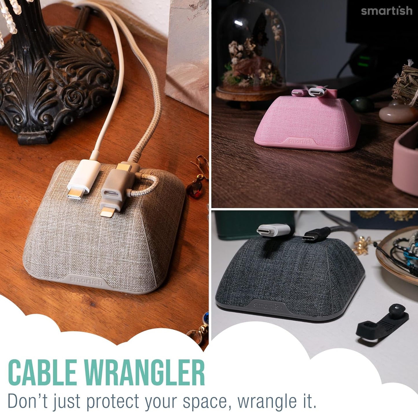 Smartish® Magnetic Cord Holder - Cable Wrangler Organizer Stocking Stuffer with Magnet Clips for Charger Management on Desktop, Nightstand for USB-C + Lightning - Lightly Toasted Beige