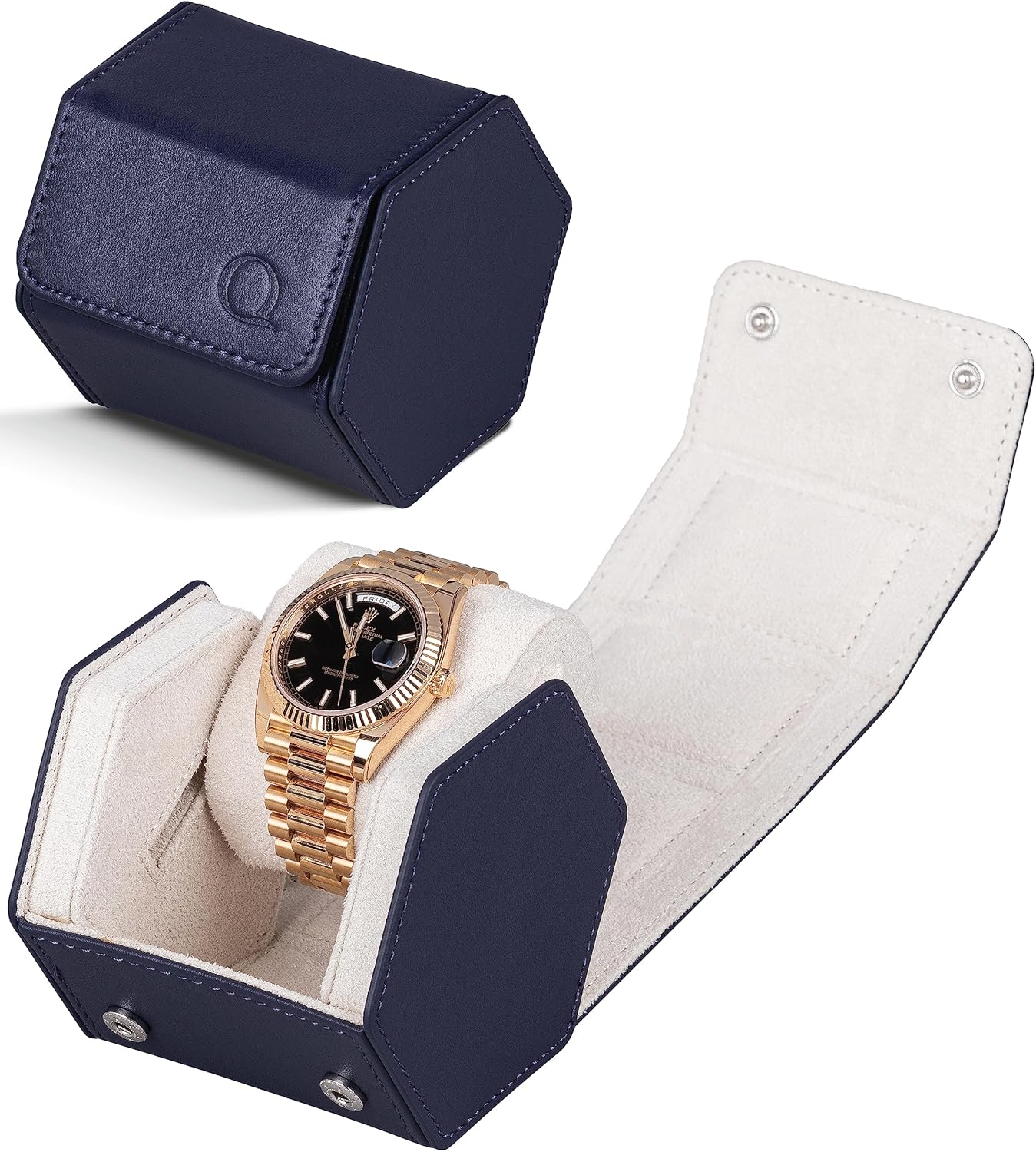 QWATCHBANDS Leather Watch Cases for Men - Hexagon Single & Double Watch Roll Travel Case - Genuine Napa Leather with Velvet Interior - Storage & Display Holder for 1 Watch or 2 Watches