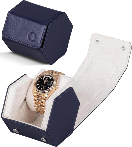 QWATCHBANDS Leather Watch Cases for Men - Hexagon Single & Double Watch Roll Travel Case - Genuine Napa Leather with Velvet Interior - Storage & Display Holder for 1 Watch or 2 Watches