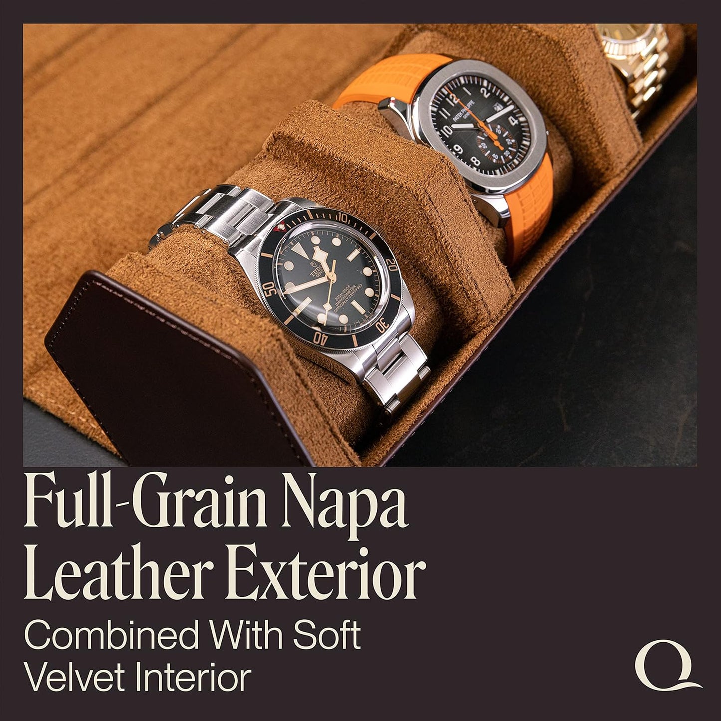 QWATCHBANDS Napa Leather Watch Rolls for Men - Hexagon Triple Watch Roll Travel Case for 3 Watches - Storage Organizer Genuine Leather with Velvet Interior Display (Brown/Tan)
