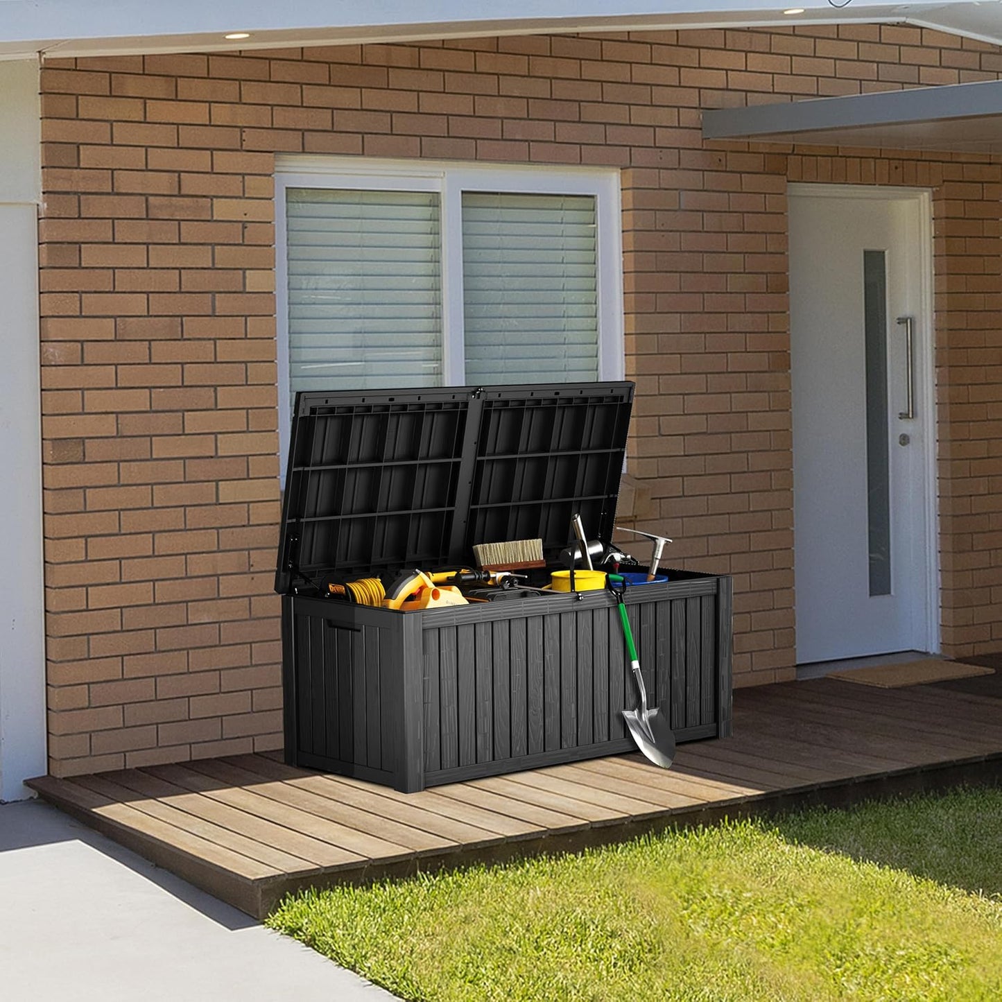TARKARI 180 Gallon Lockable Resin Deck Box, Waterproof & UV-Resistant Outdoor Storage Box for Outdoor Cushion Storage, Garden Tools & Pool Accessories Storage, Black
