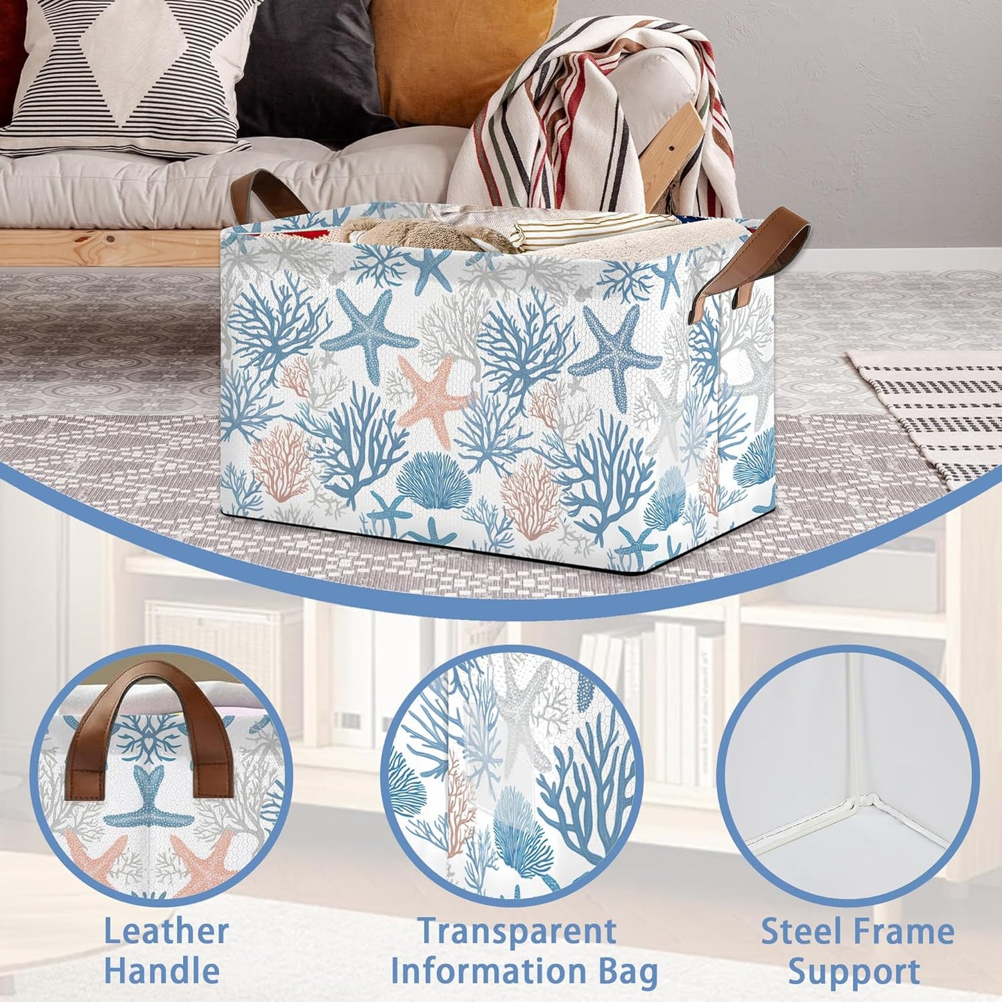Starfish Coral Storage Basket with Handles,Shell Collapsible Rectangle Organizer Bin for Room Decoration Books Box Baskets 17x11.5x10Inch