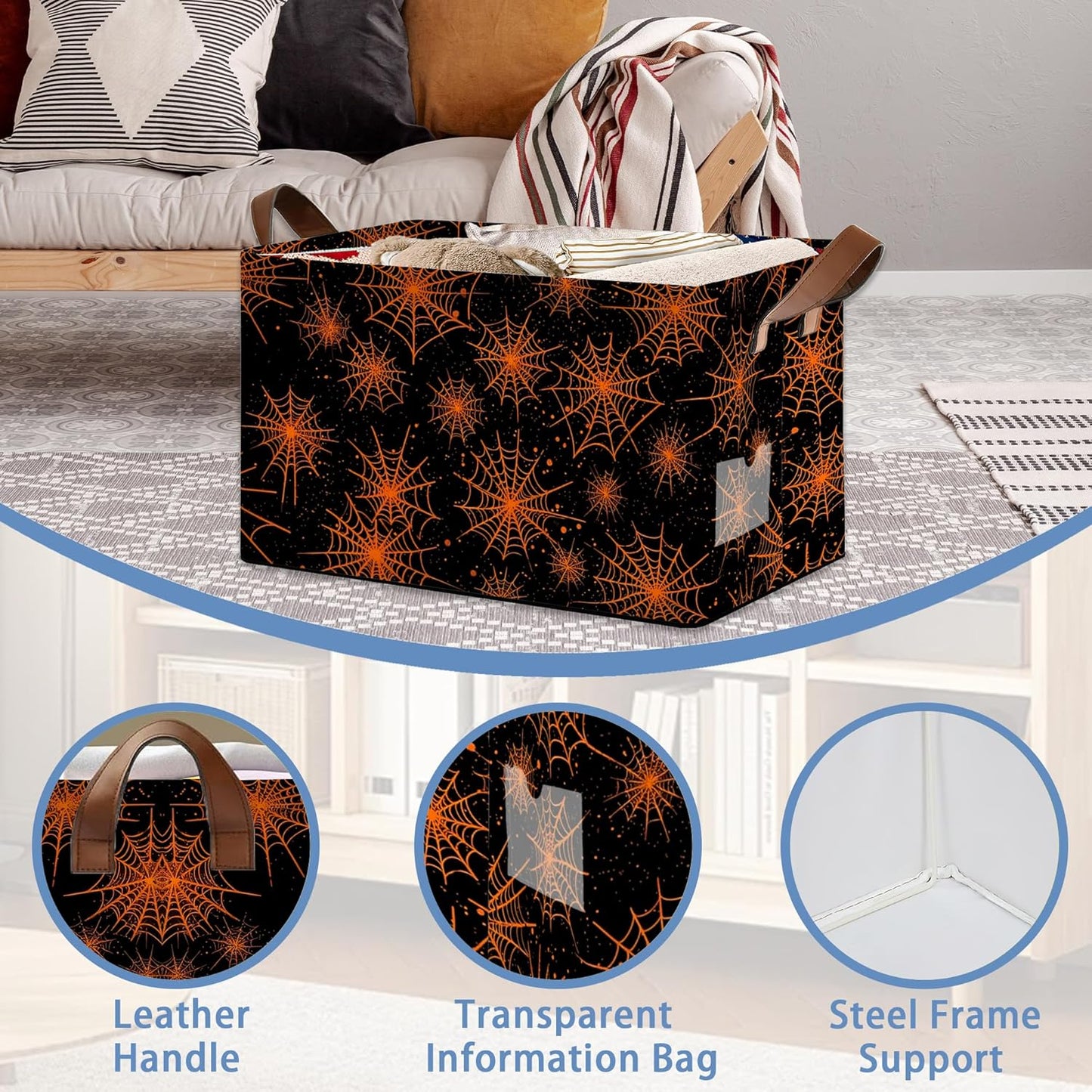 Halloween Storage Basket,Spider Web Collapsible Storage Bin Cubes for Living Room Bedroom Blankets Home Storage 17x11.5x10Inch