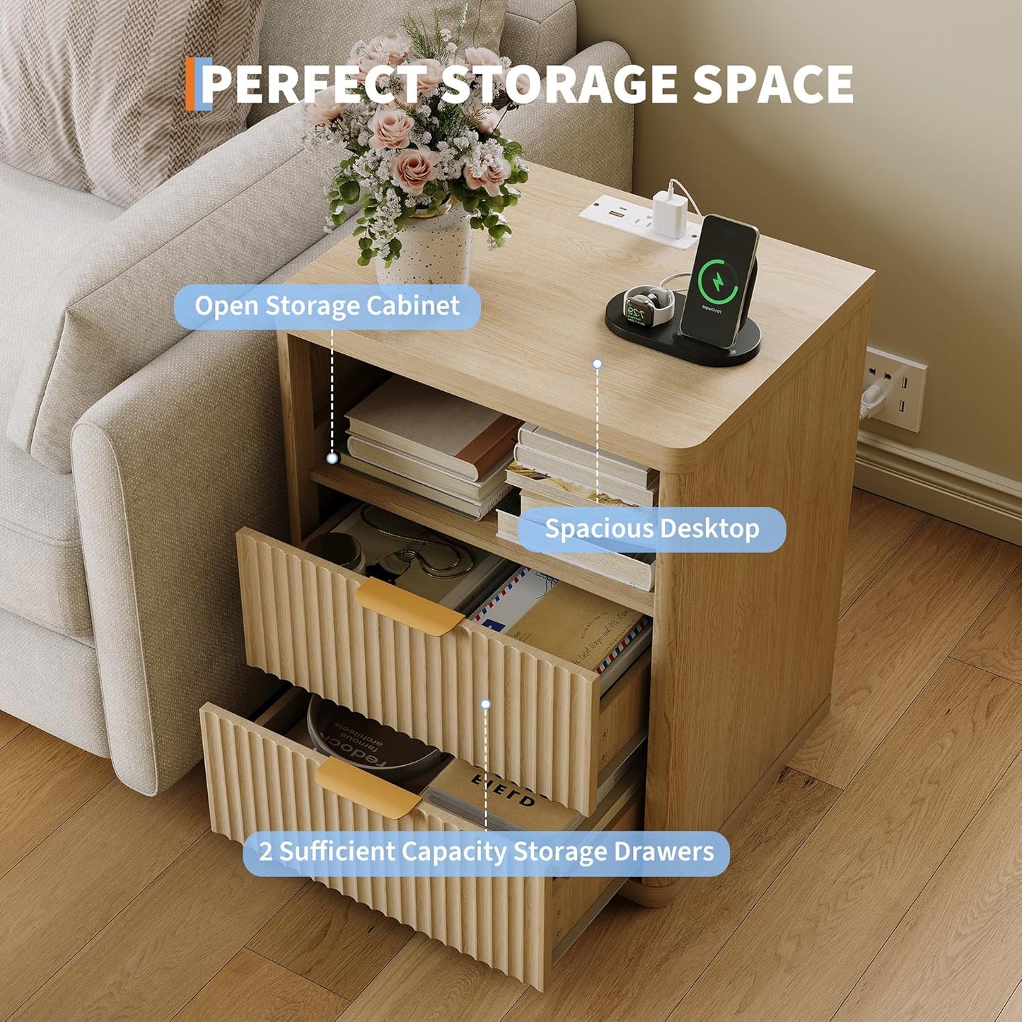 Fluted Nightstand with Charging Station, Bedside Table with 2 Drawers and Open Storage Space, Metal Handles and Rounded Corners for Safety, Mid Century Modern End Table, for Bedroom, Living Room Sofa