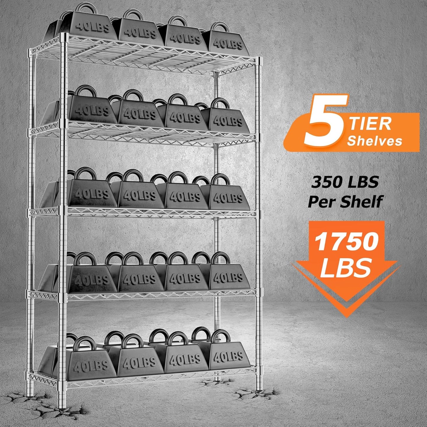 Storage Shelves Heavy Duty, 36" L x 14" W x 72" H Garage Wire Shelving Unit Loads 1750LBS, 5-Tier Adjustable Metal Industrial Utility Shelf Rack for Kitchen, Laundry Room, Pantry, Warehouse, Basement